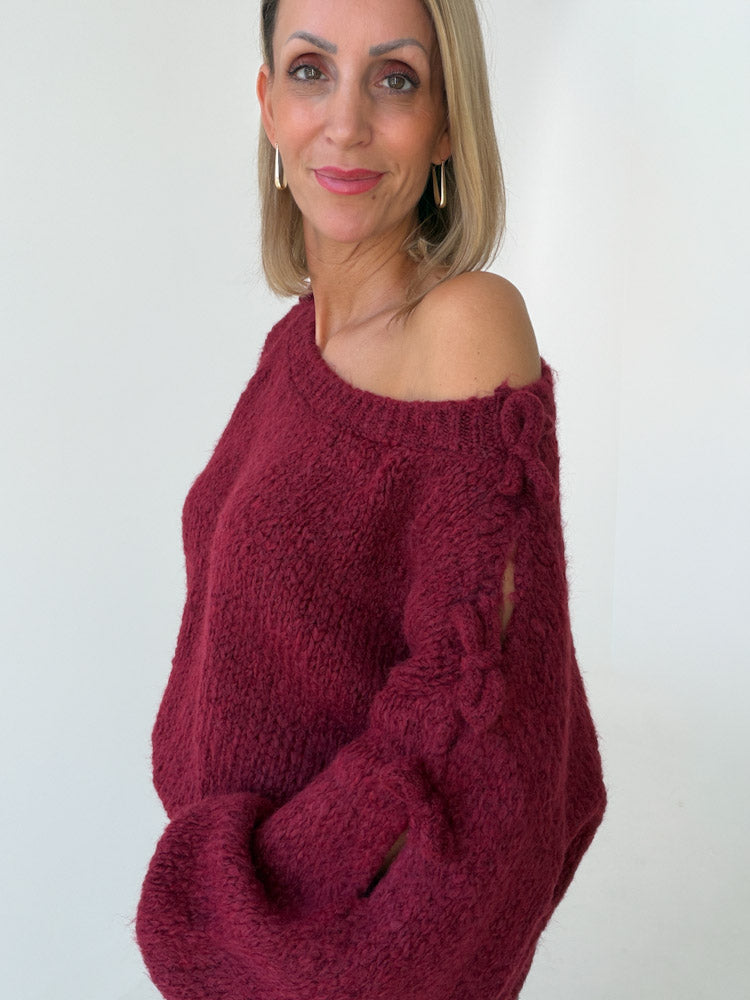 "Soft Bow" weicher Pullover mit Schleifen aus Wolle & Viskose - bordeaux