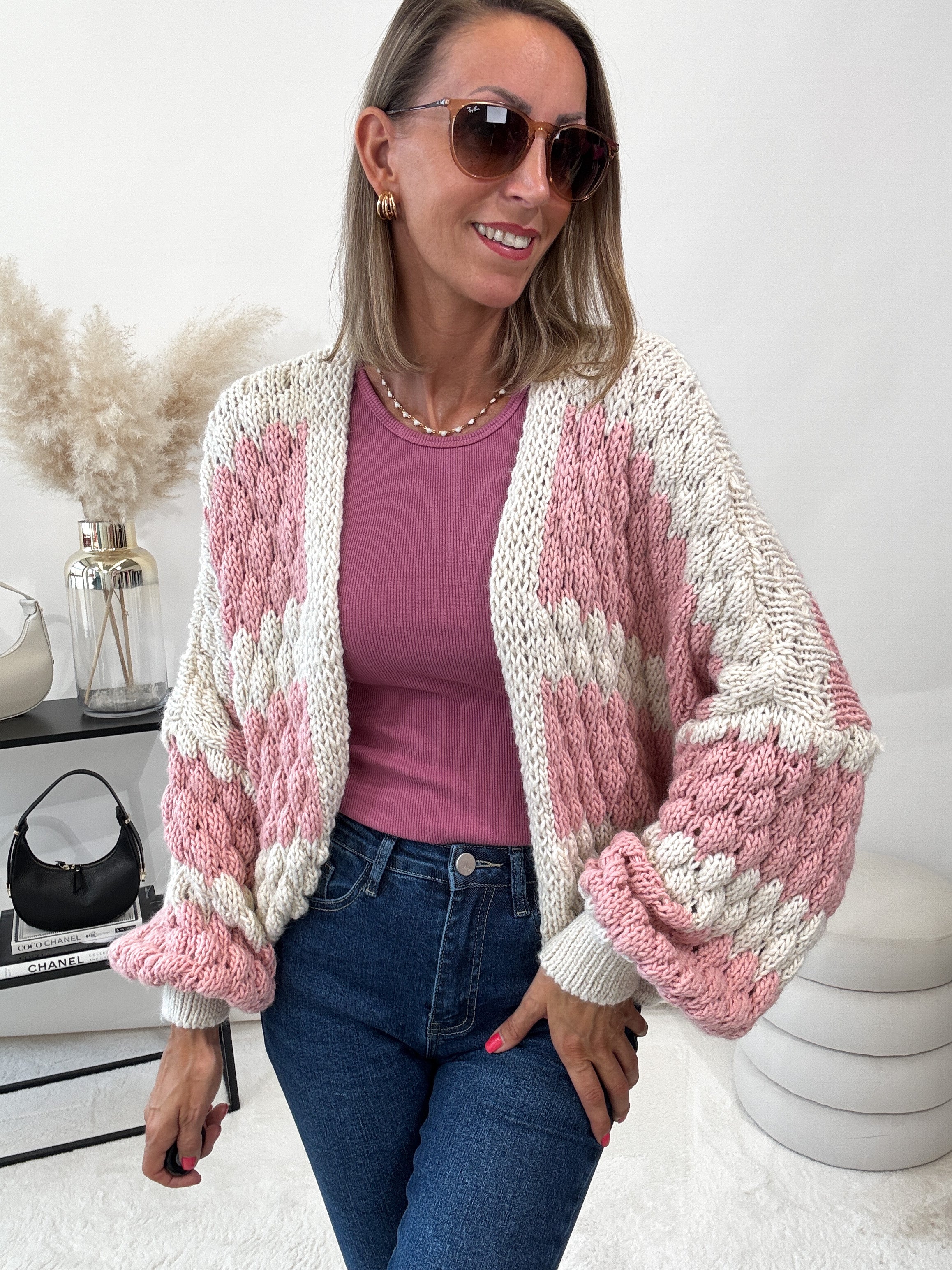 "Harmony" kuscheliger Cardigan - creme/rosa
