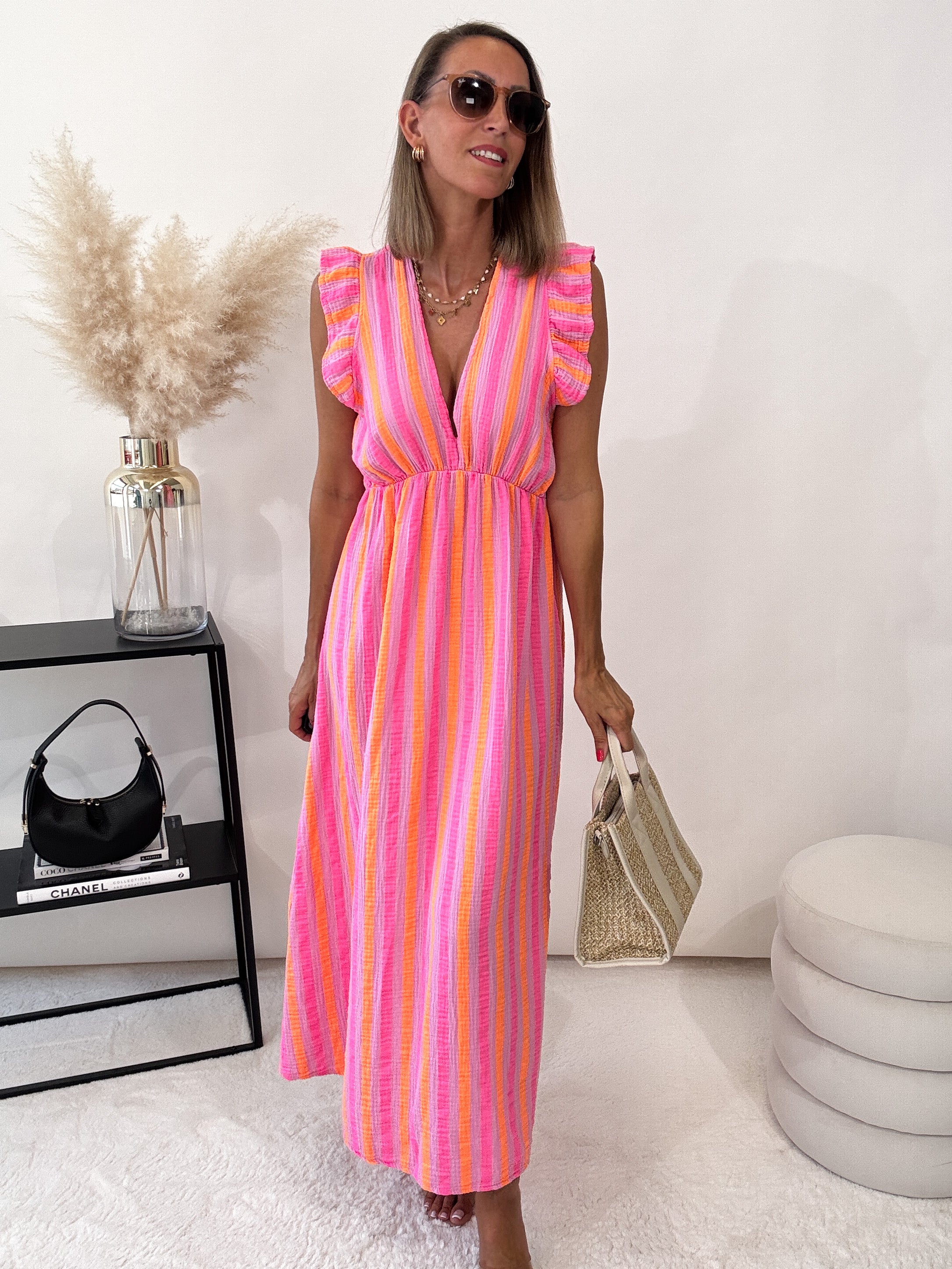 ,,Pianosa"- Stripes Maxikleid aus Musselin - rosa/orange