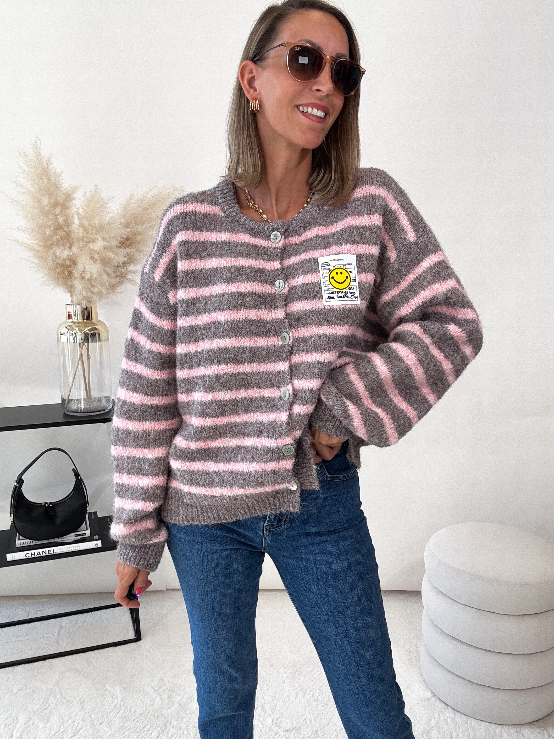 "Bari Stripes" kuscheliger Cardigan - grau/rosa