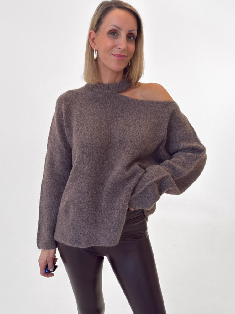 "Laguna" Pullover mit Cut-Out aus Lana & Alpaka Wolle - mocca