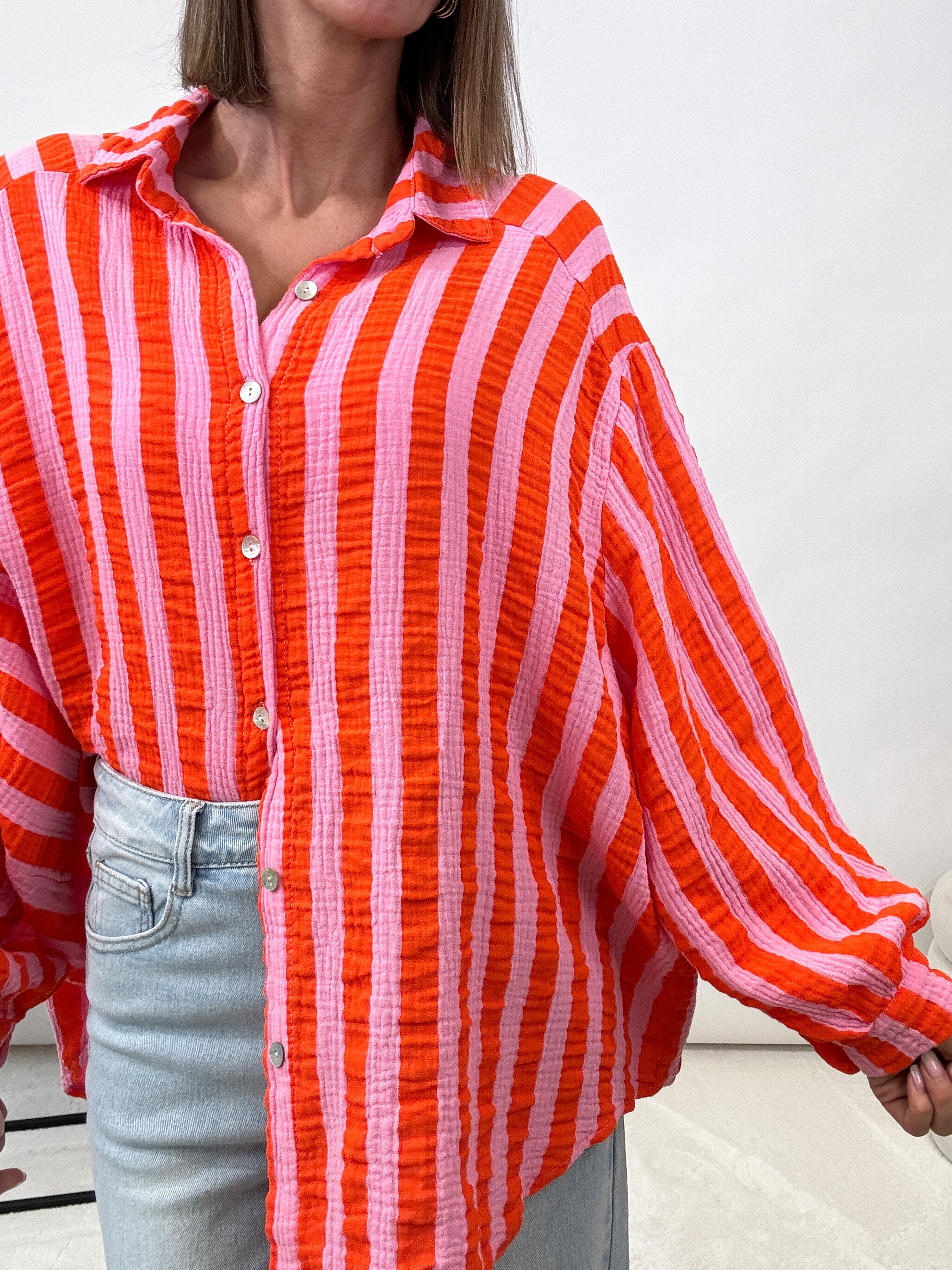 "Stripes Midi" Musselin Bluse mit Streifen - rosa/orange