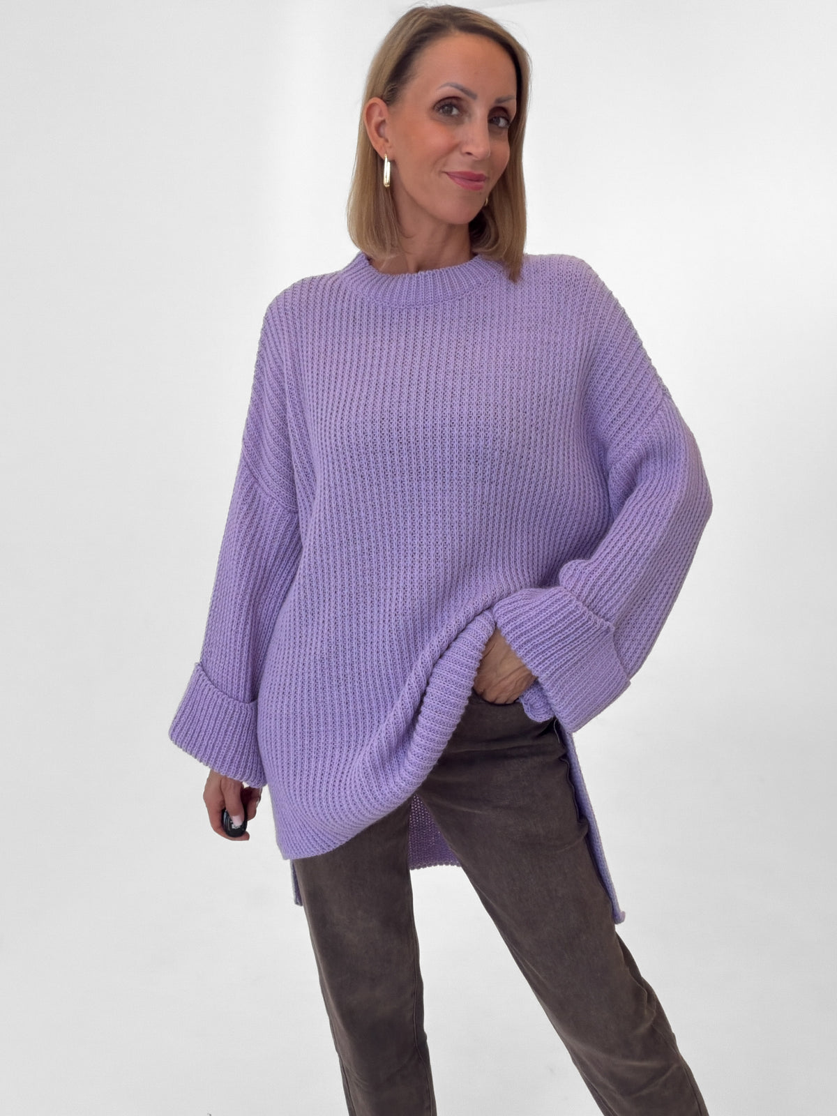 Strickpullover mit Schlitz - flieder