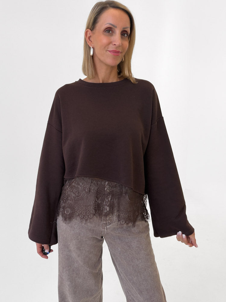 "Faro Lace" stylisches Sweatshirt mit Spitzendetails - chocobraun
