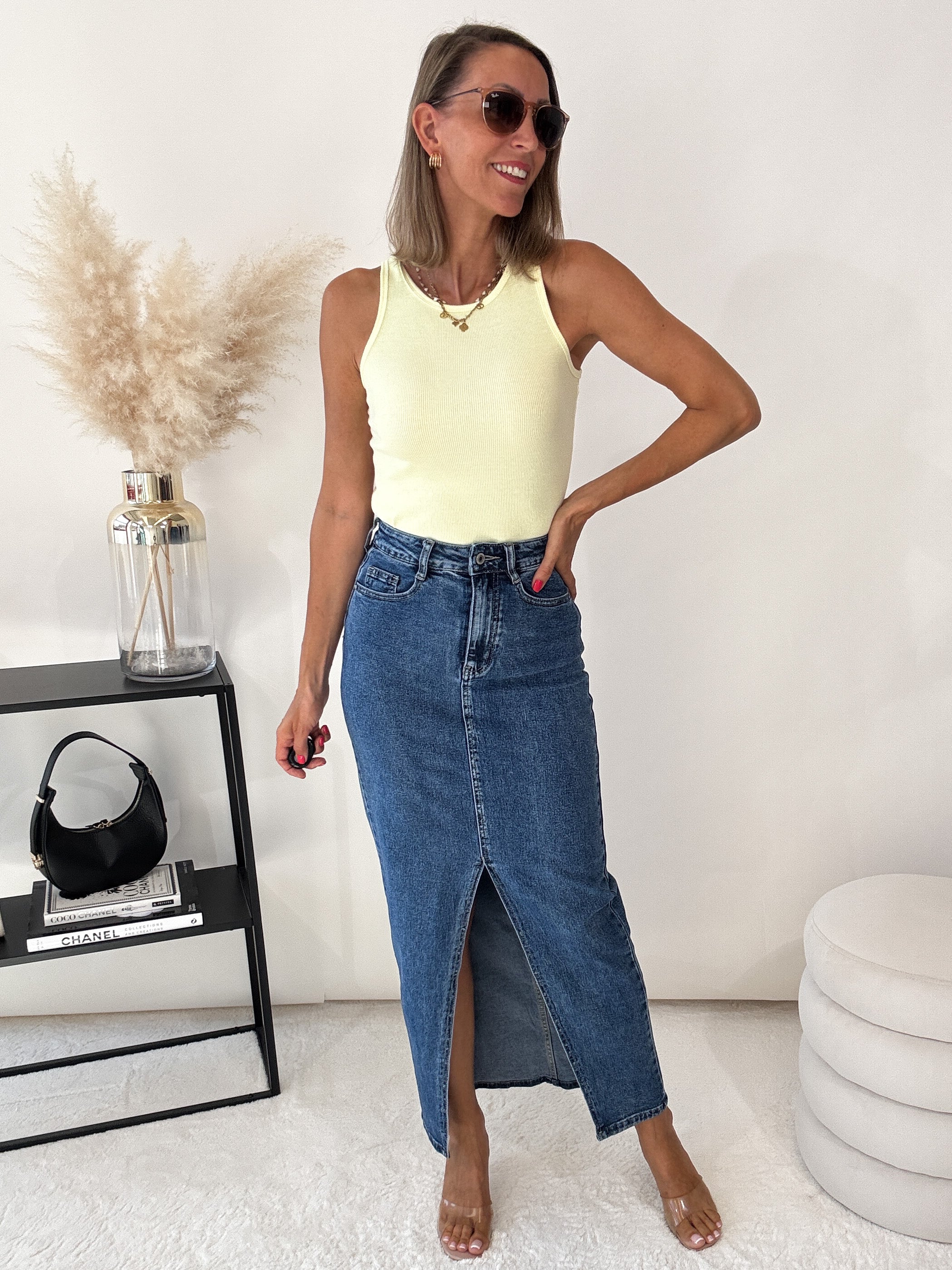 "Almeria" langer Jeansrock mit Schlitz - blau