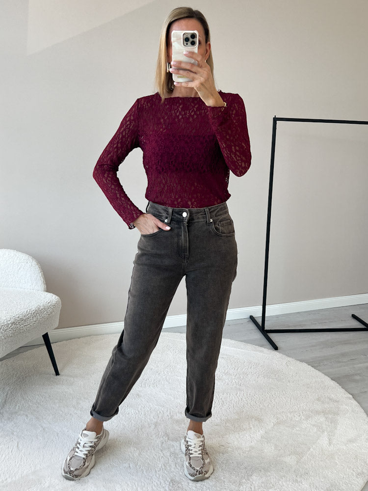 "Feral Lace 2.0" Shirt aus weicher Spitze - bordeaux