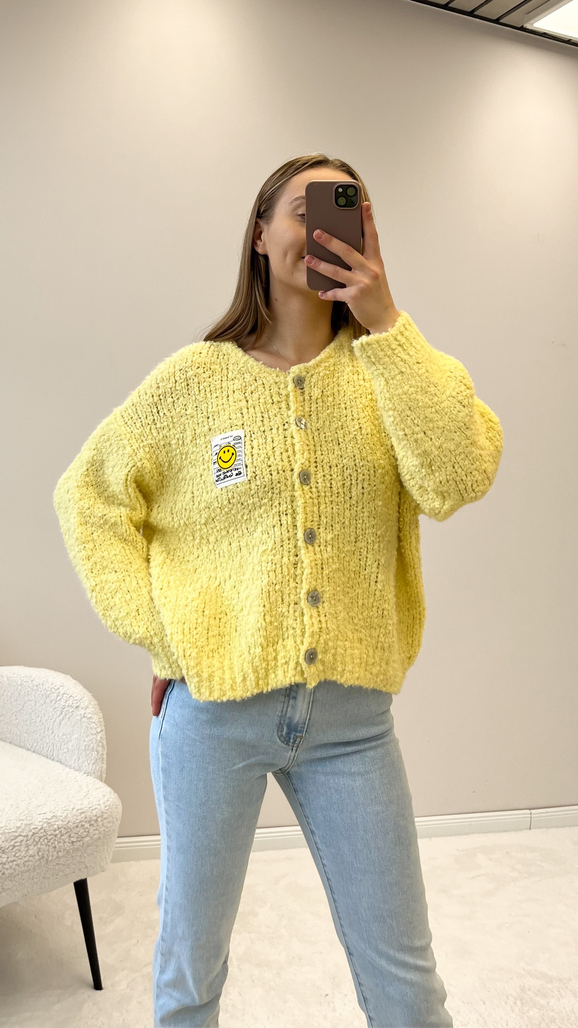 "Bari" kuscheliger Boucle Cardigan- hellgelb