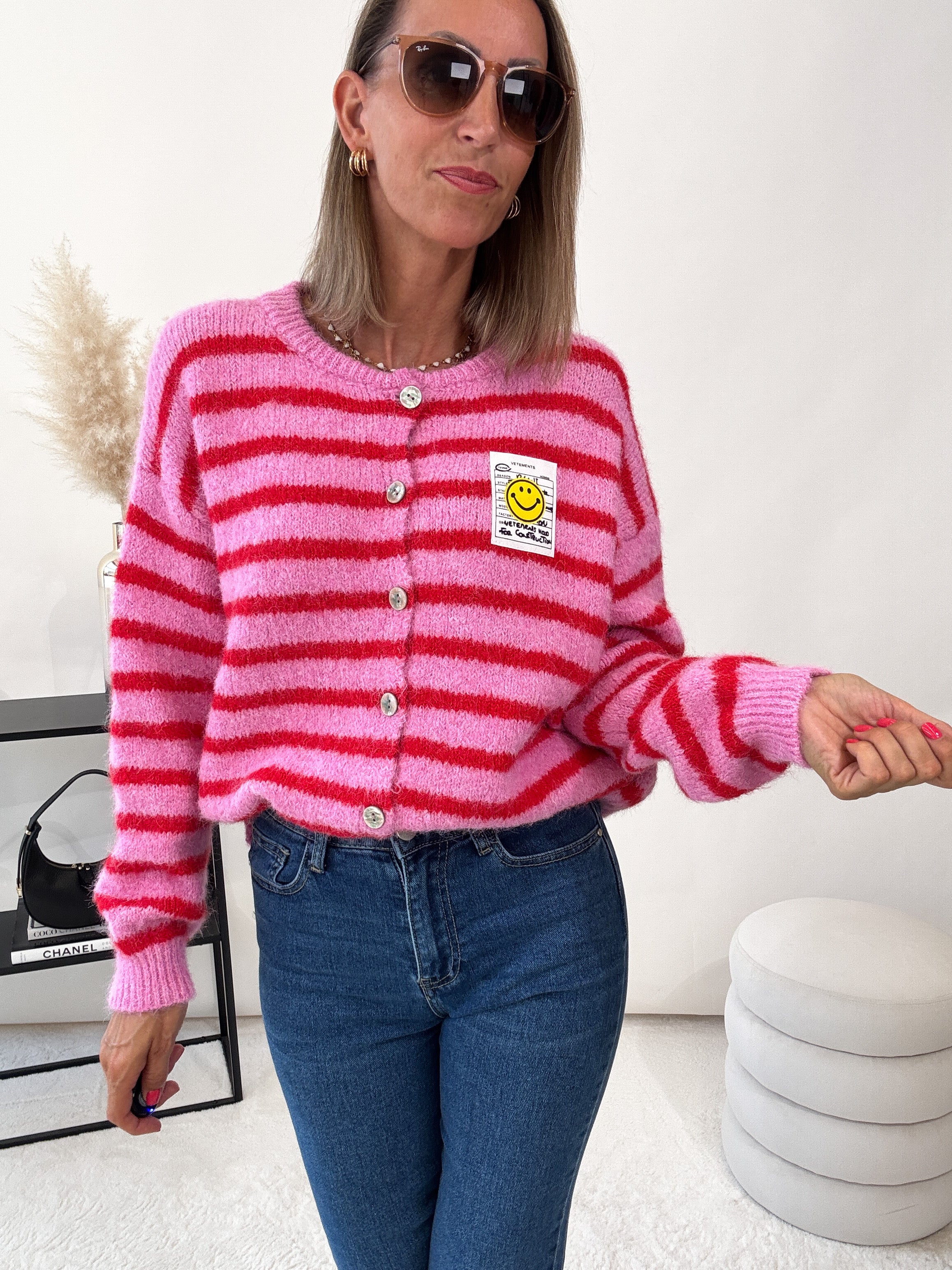 "Bari Stripes" kuscheliger Cardigan - rosa/rot
