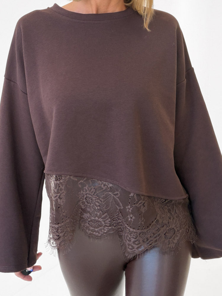 "Faro Lace" stylisches Sweatshirt mit Spitzendetails - chocobraun