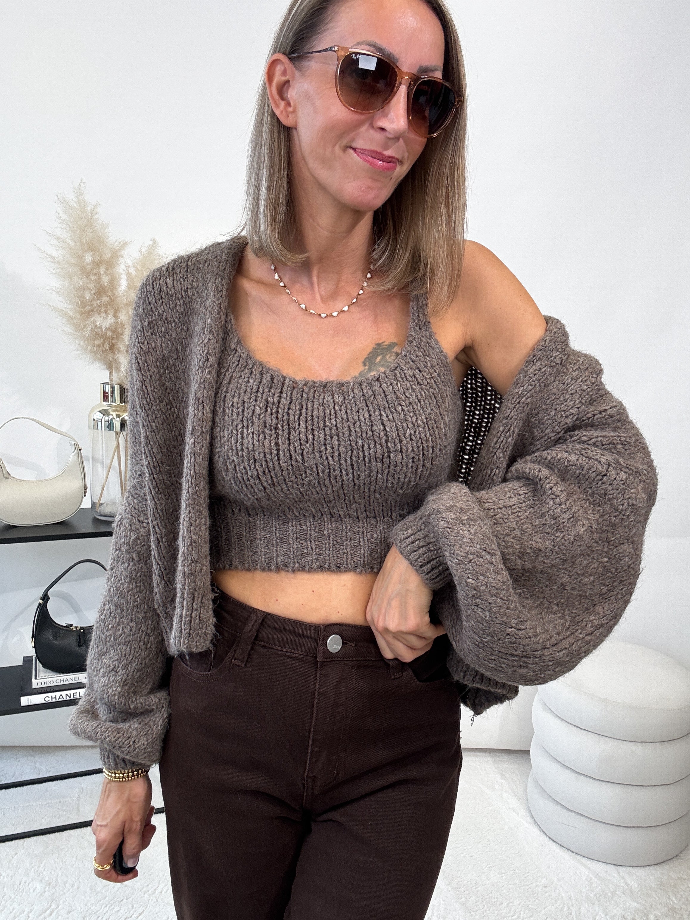 "Cozy Duo" weiches Set aus Top und Cardigan - mocca