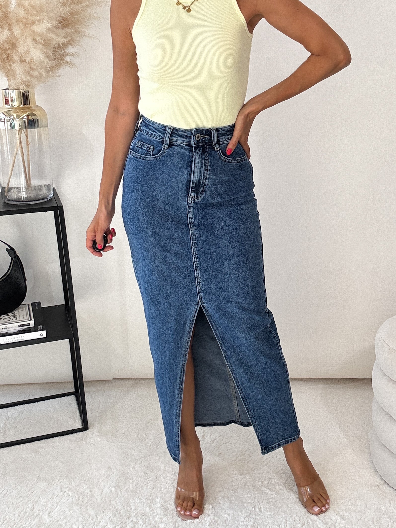 "Almeria" langer Jeansrock mit Schlitz - blau