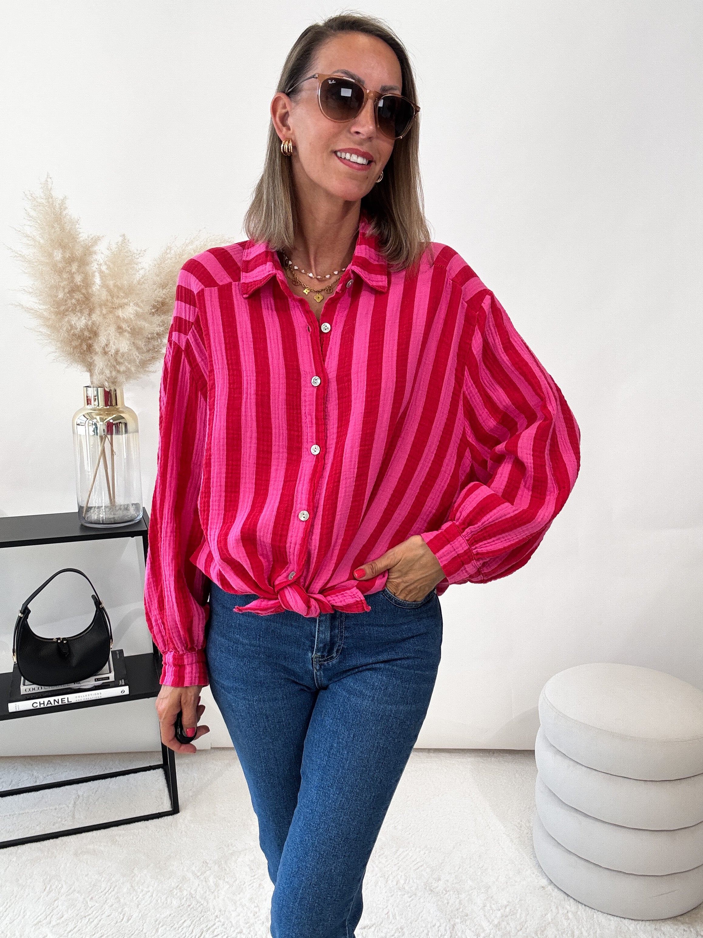 "Stripes Midi" Musselin Bluse mit Streifen - rot/pink