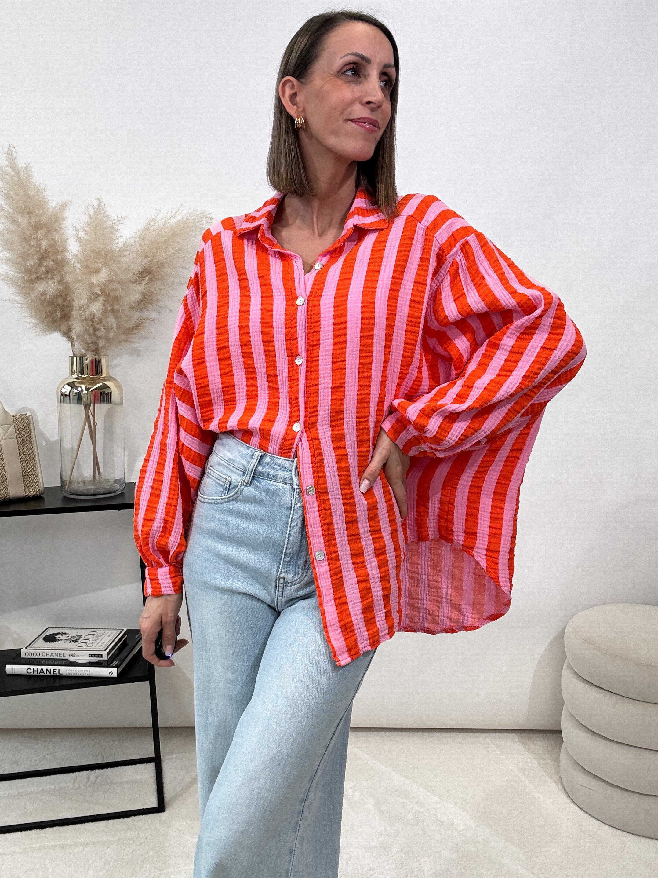 "Stripes Midi" Musselin Bluse mit Streifen - rosa/orange