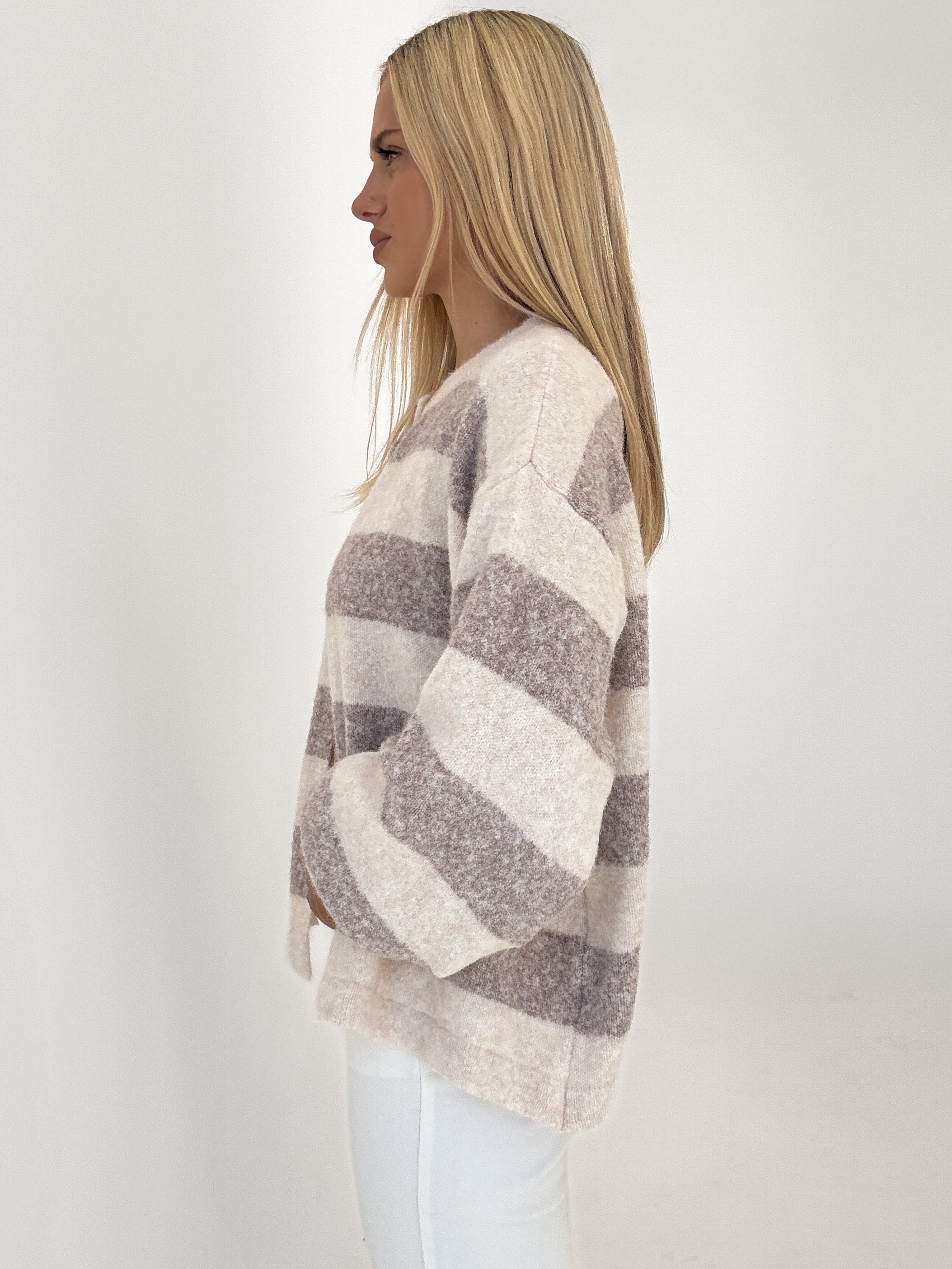 "Palermo Stripes" Cardigan aus Lanawolle - creme/mocca