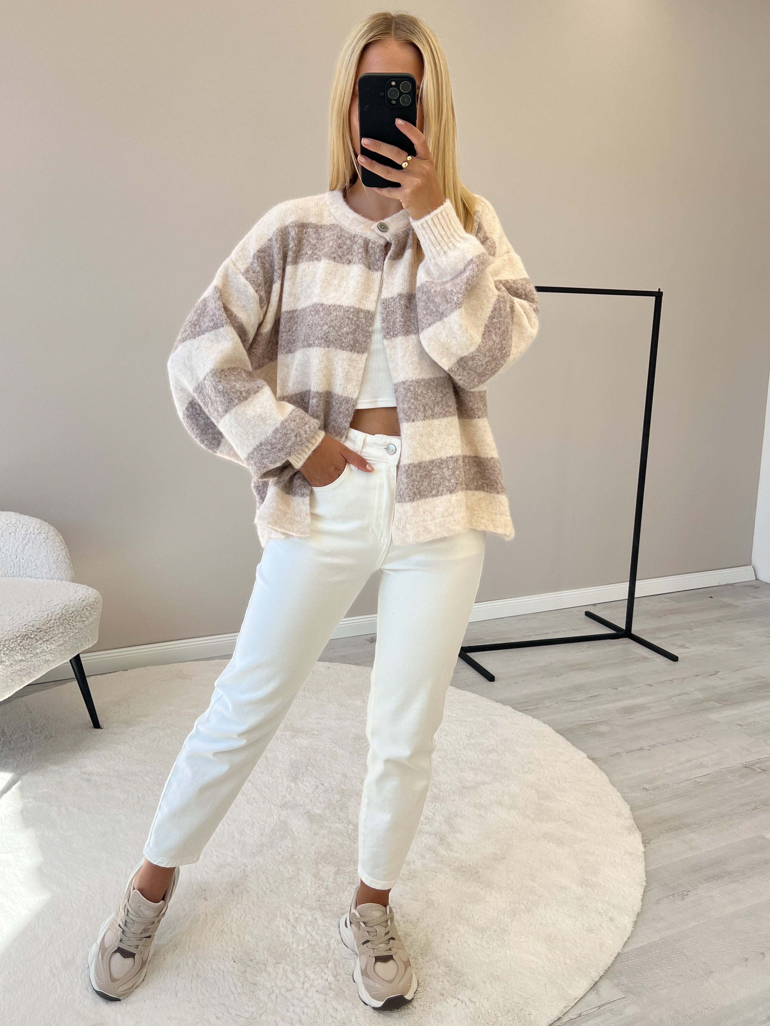 "Palermo Stripes" Cardigan aus Lanawolle - creme/mocca