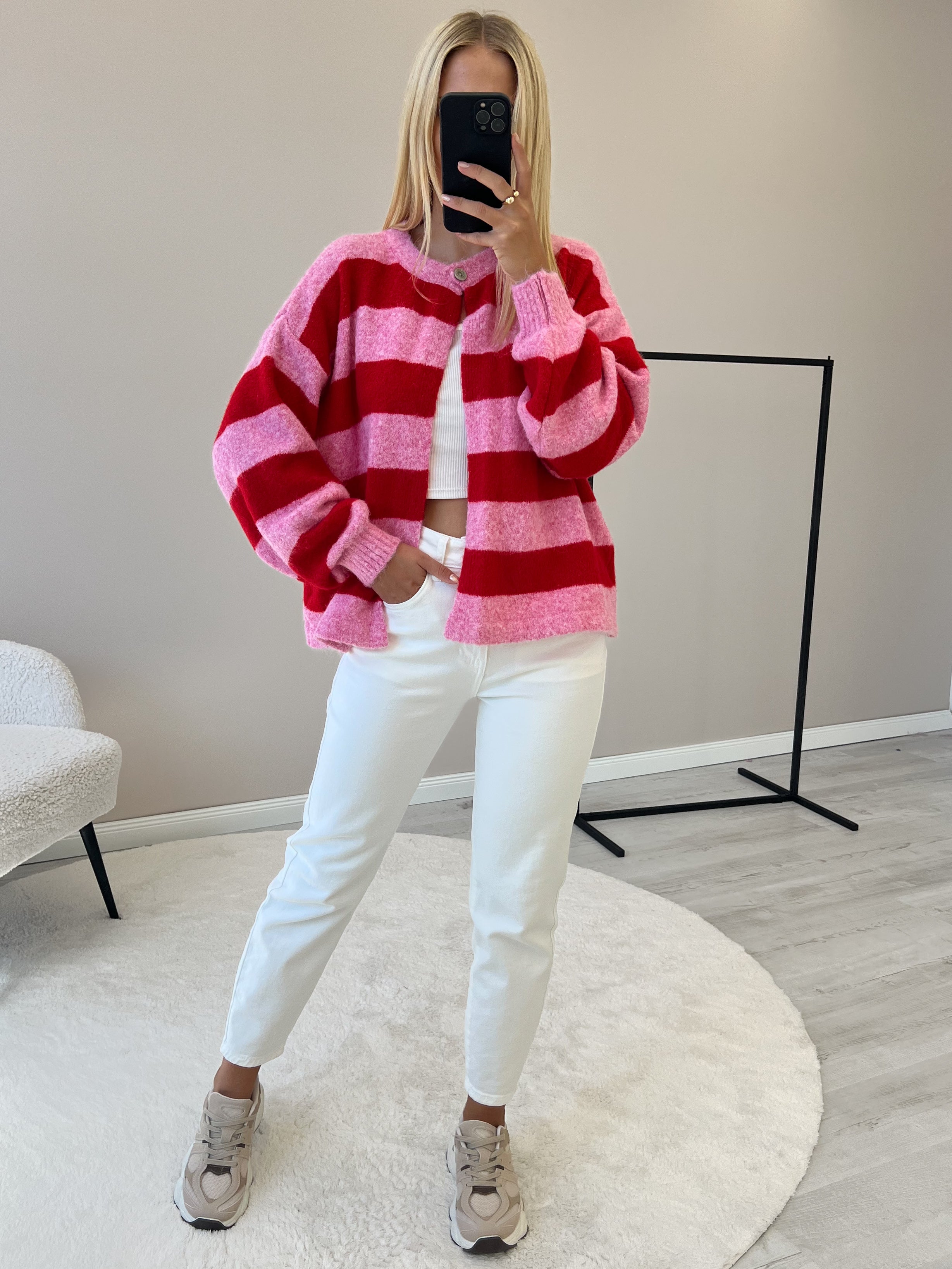 "Palermo Stripes" Cardigan aus Lanawolle - rosa/rot