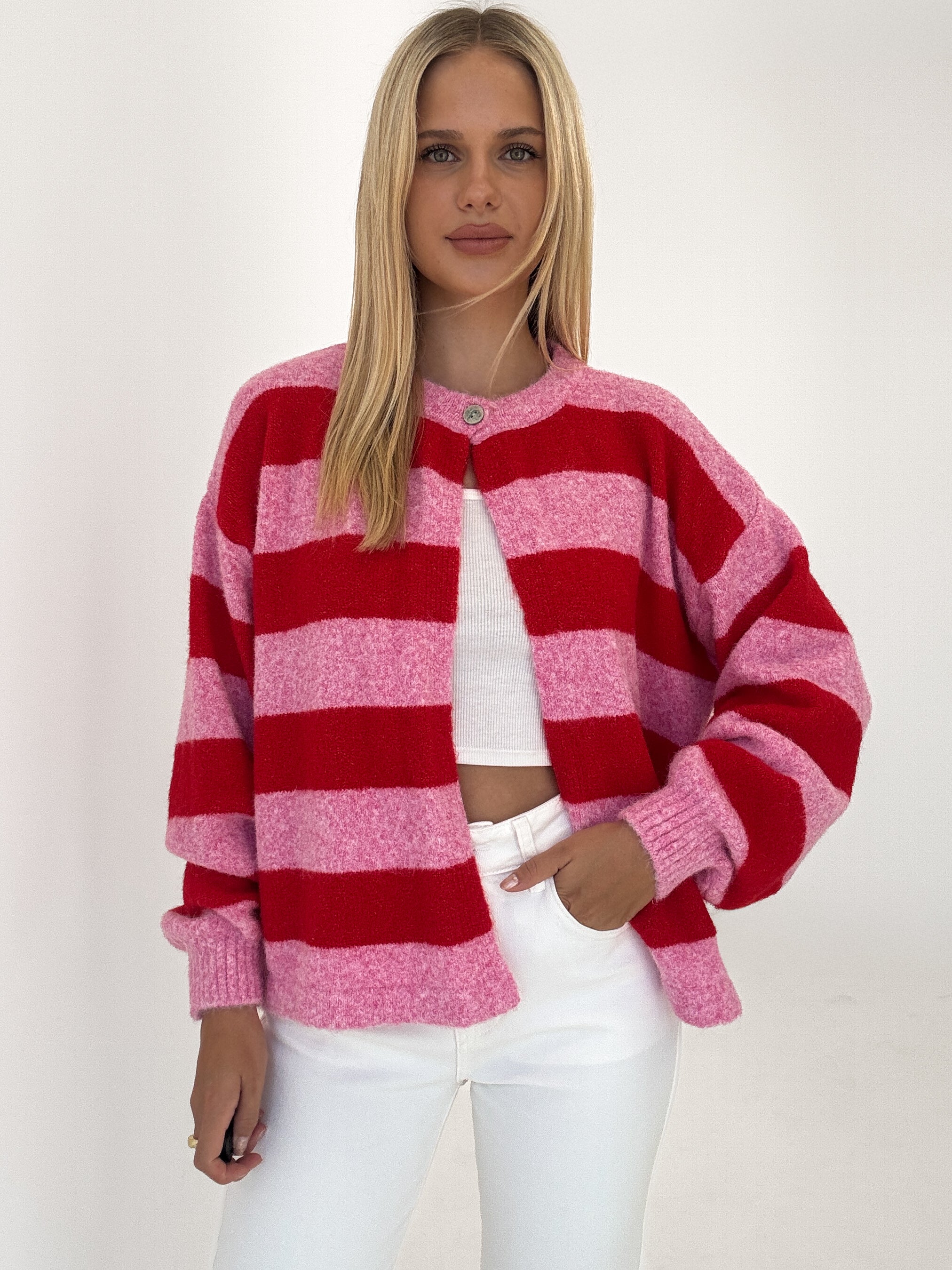 "Palermo Stripes" Cardigan aus Lanawolle - rosa/rot