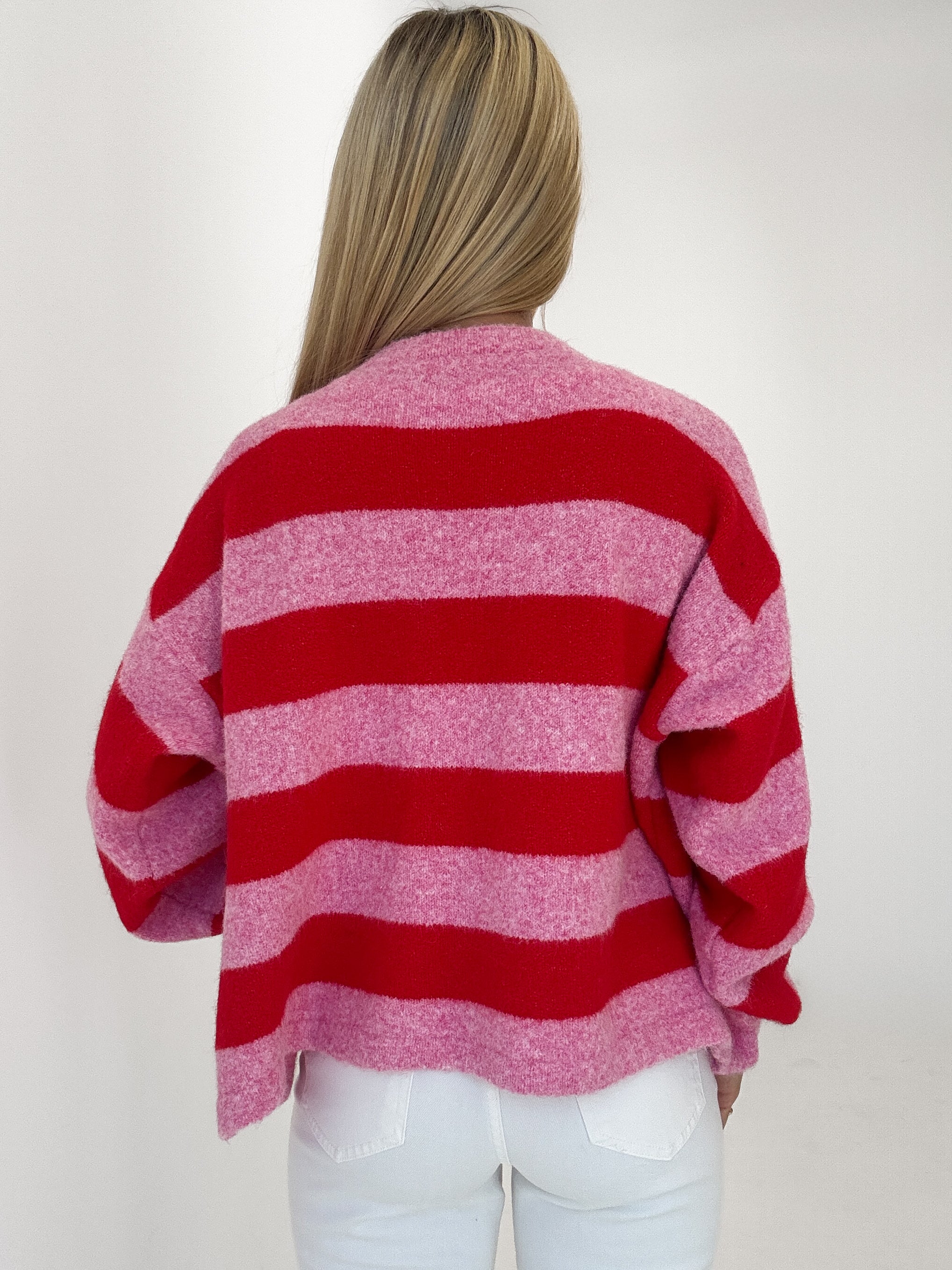 "Palermo Stripes" Cardigan aus Lanawolle - rosa/rot