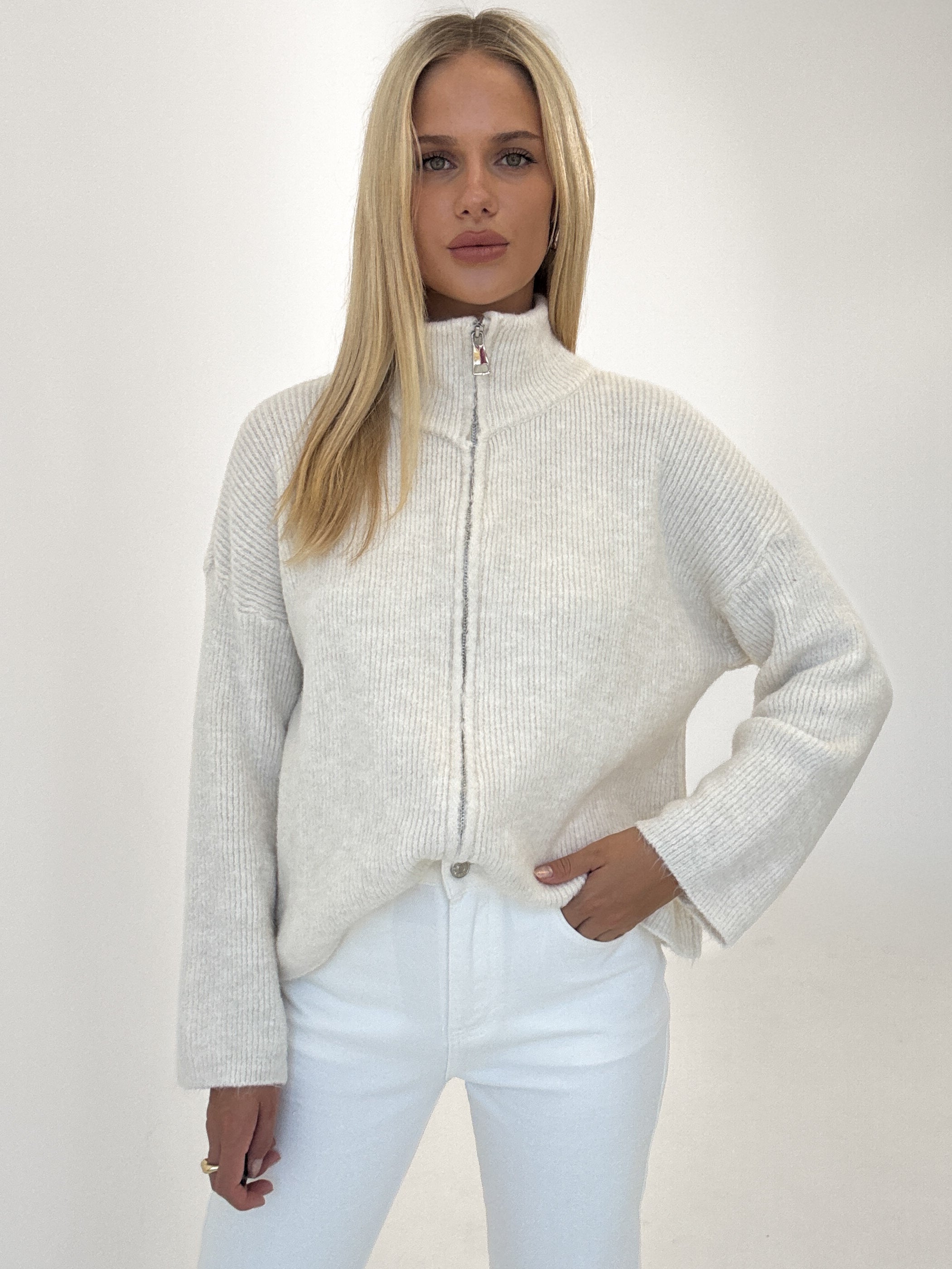 "Dalia" kuscheliger Zip-Cardigan aus Viskose & Lana Wolle - creme