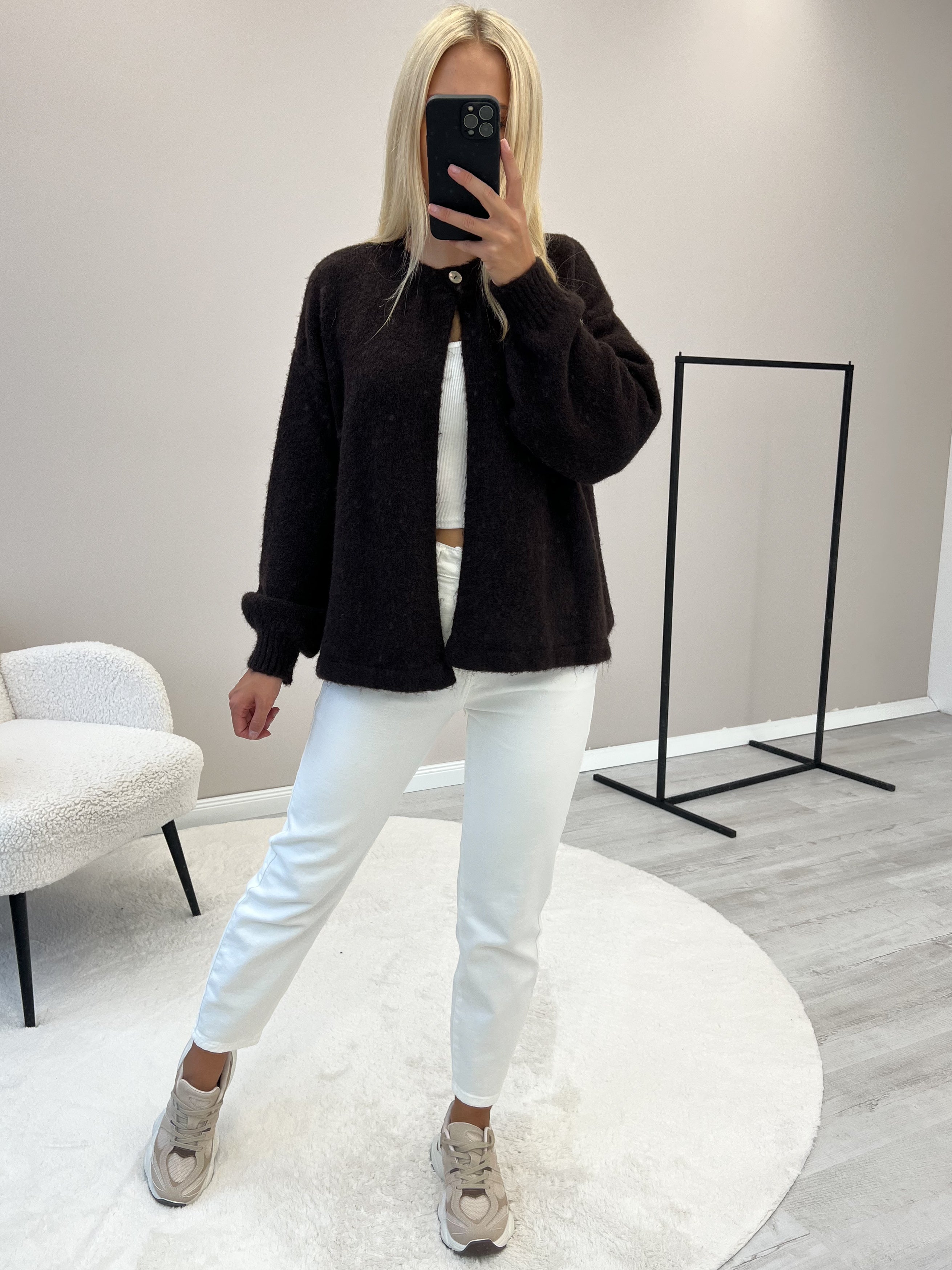 "Palermo" toller Cardigan aus Lanawolle mit Knopf - choco braun