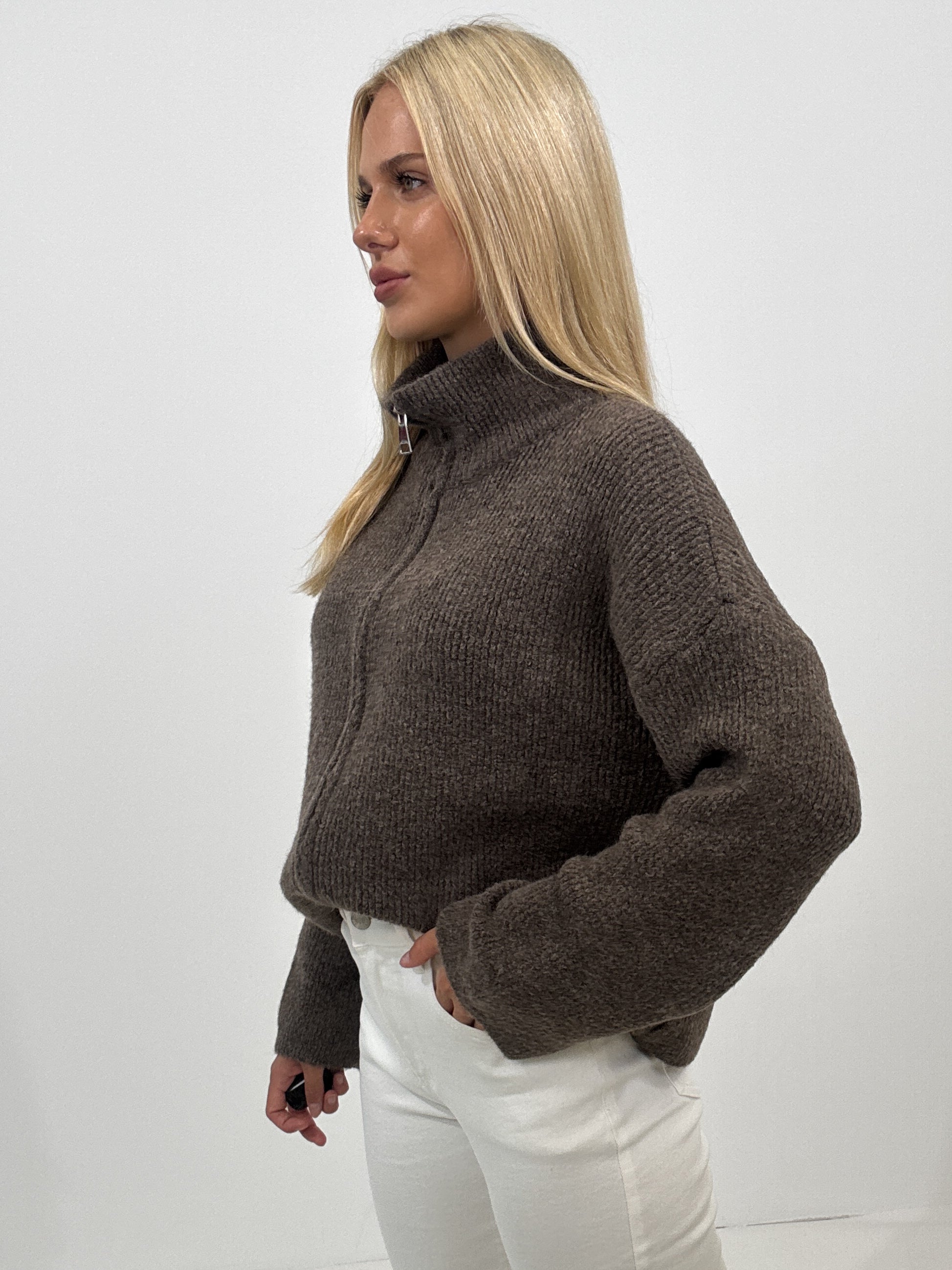 "Dalia" kuscheliger Zip-Cardigan aus Viskose & Lana Wolle - mocca