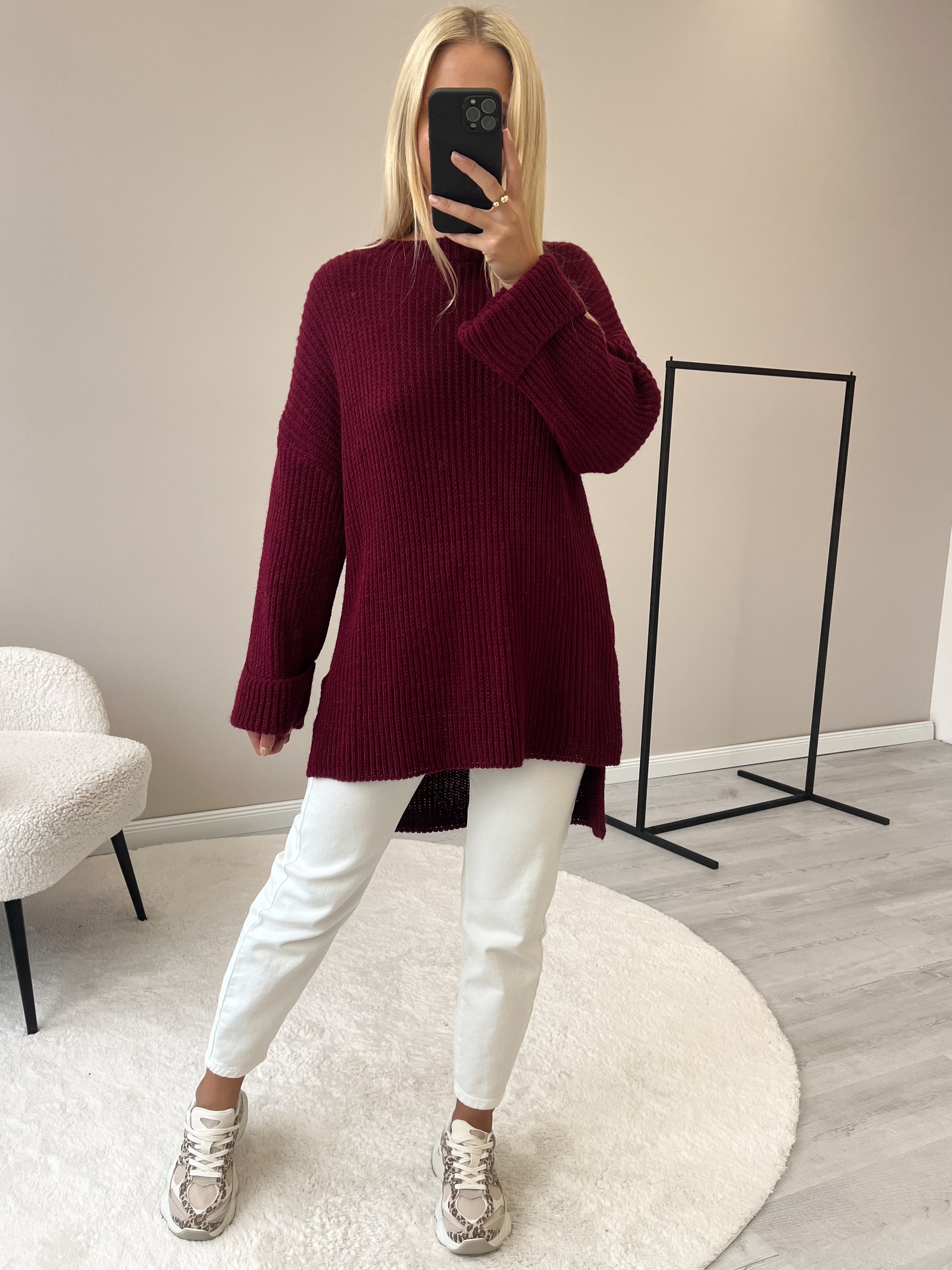 Strickpullover mit Schlitz - bordeaux