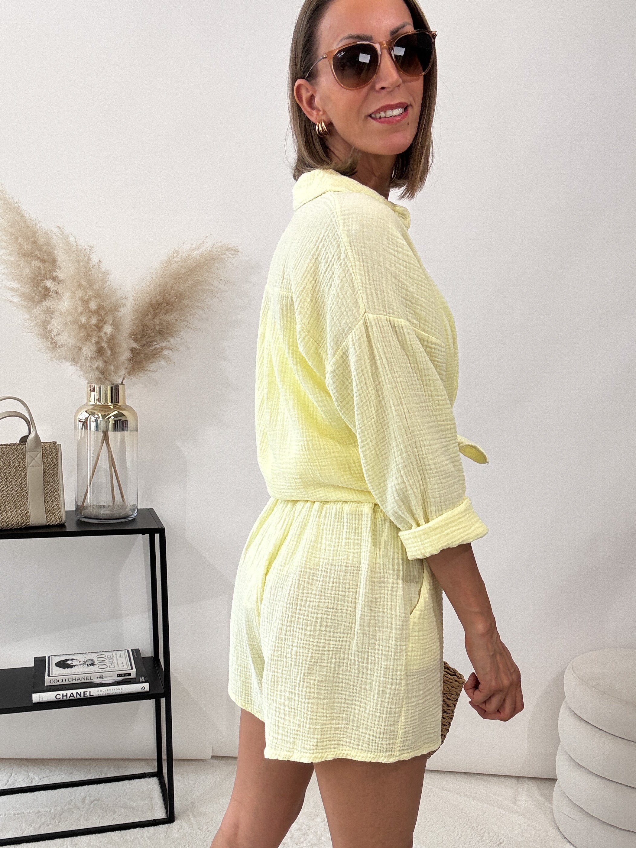 "Musselin Set" Bluse und Short aus Baumwolle - hellgelb