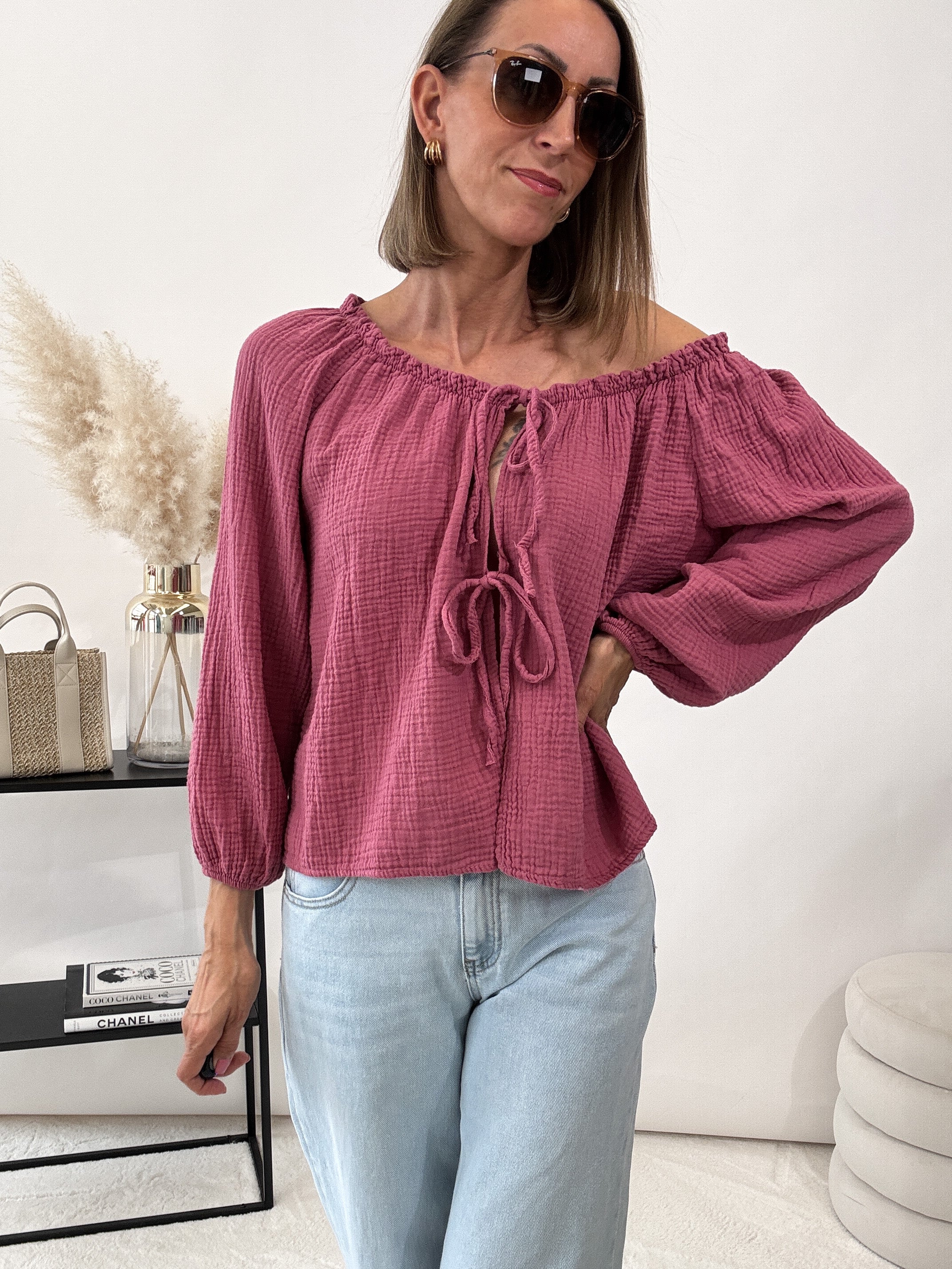 "Sweet Bow" Cardigan mit Schleifen (Musselin) - berry