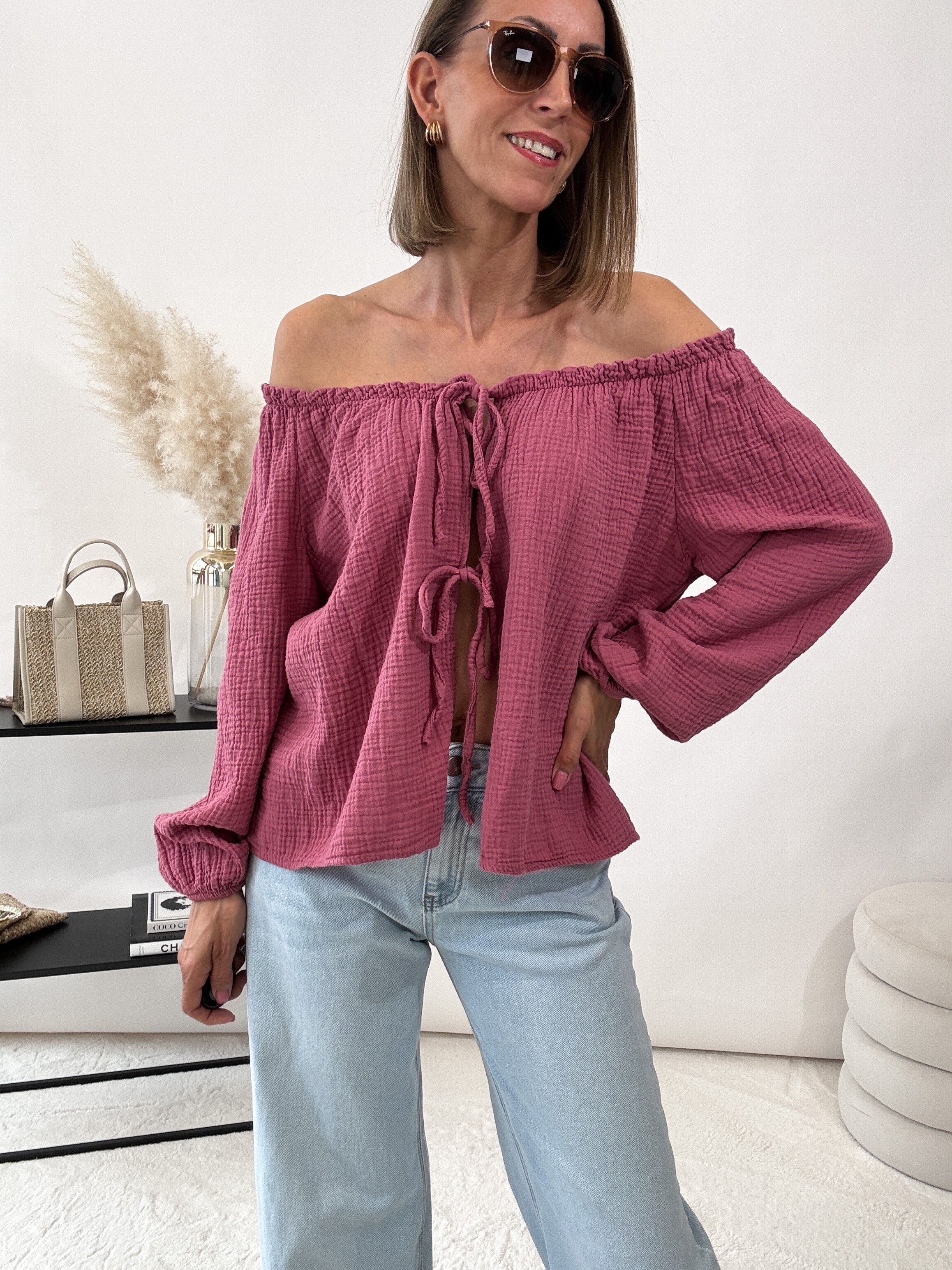 "Sweet Bow" Cardigan mit Schleifen (Musselin) - berry