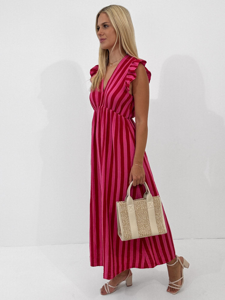 "Pianosa Stripes" Maxikleid aus Musselin - pink/rot