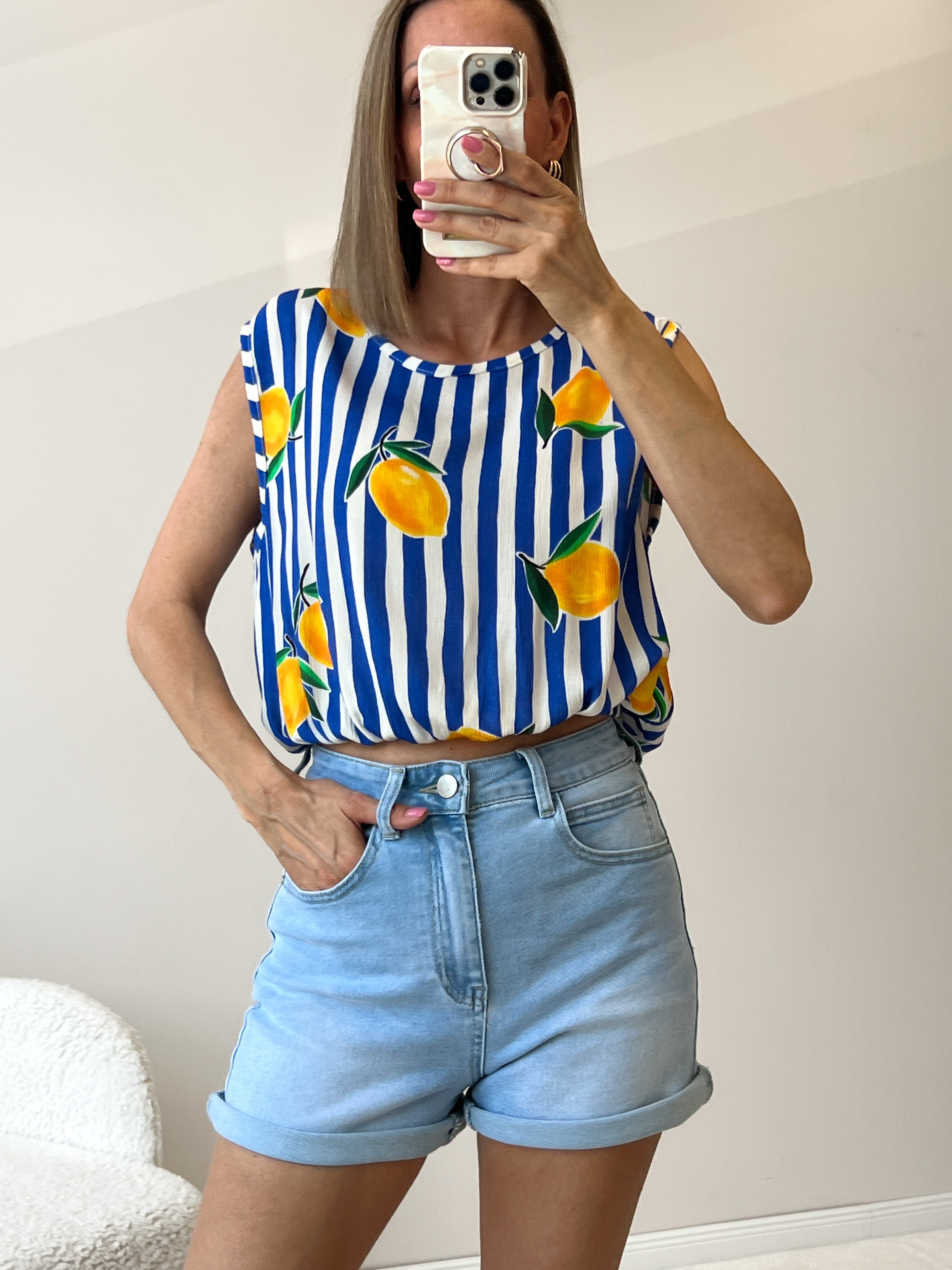 "Amalfi Lemon" Top aus Baumwolle - blau