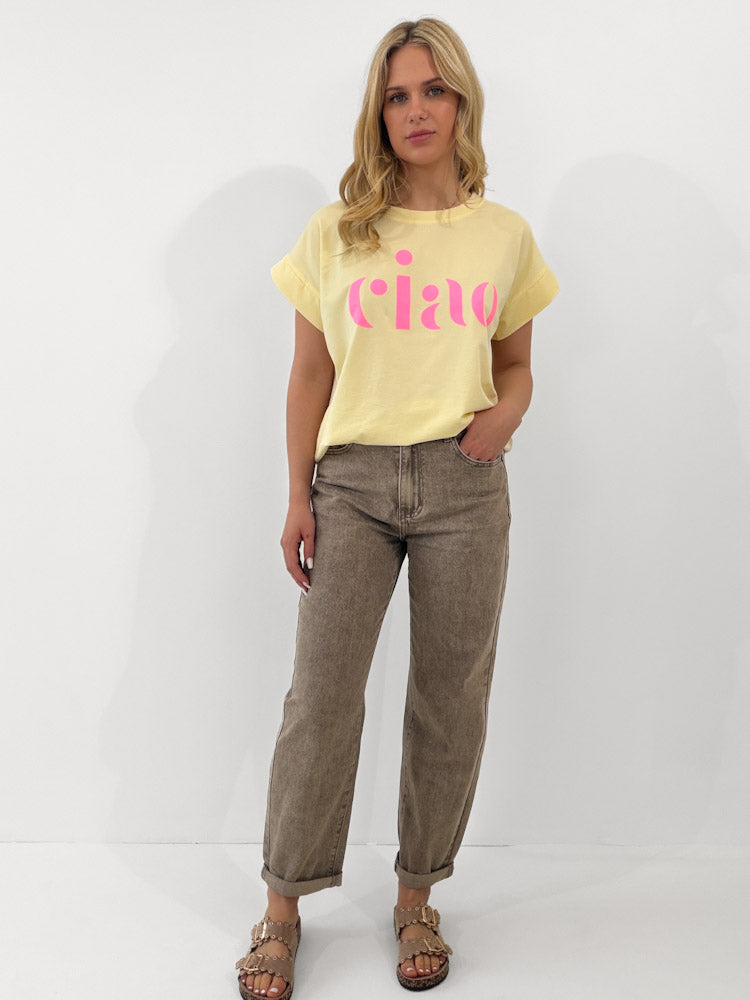 "Ciao 2.0" stylisches Shirt mit Statement - hellgelb
