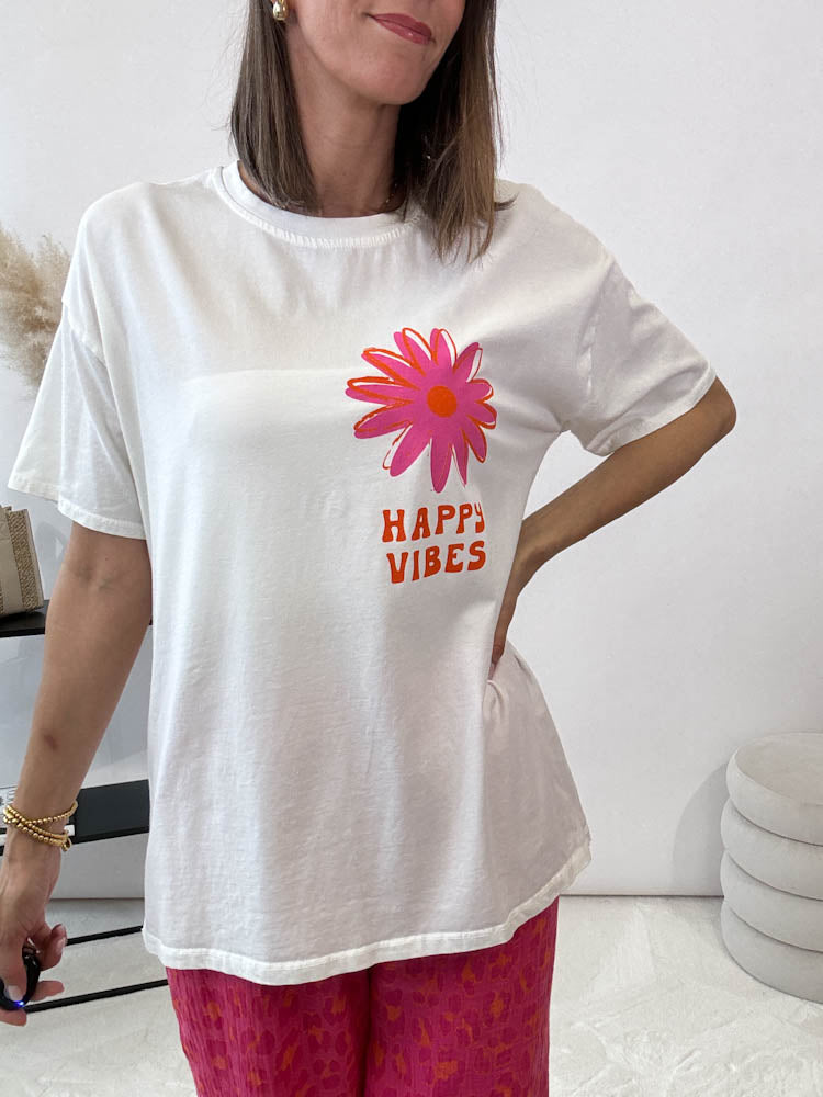 "Happy vibes" Shirt mit Statement - weiss