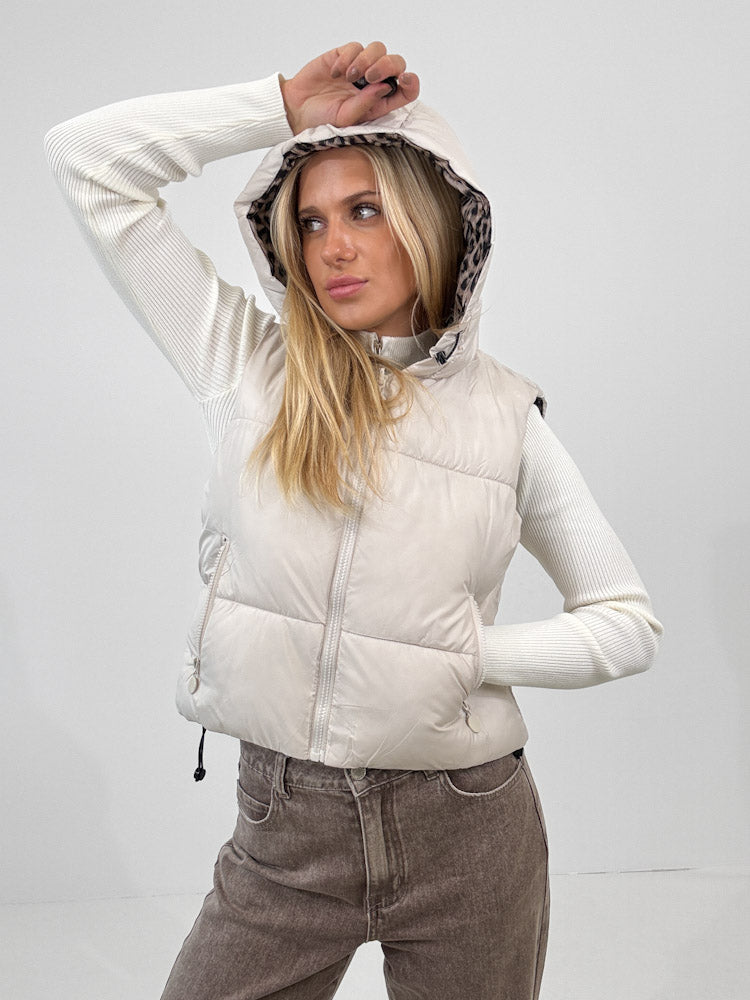 "Saline" kurze Leo-Wendeweste mit Kapuze - beige
