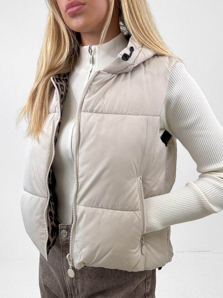 "Saline" kurze Leo-Wendeweste mit Kapuze - beige