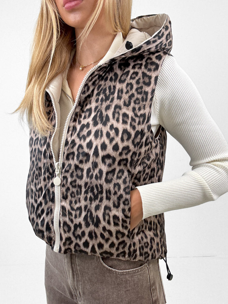 "Saline" kurze Leo-Wendeweste mit Kapuze - beige