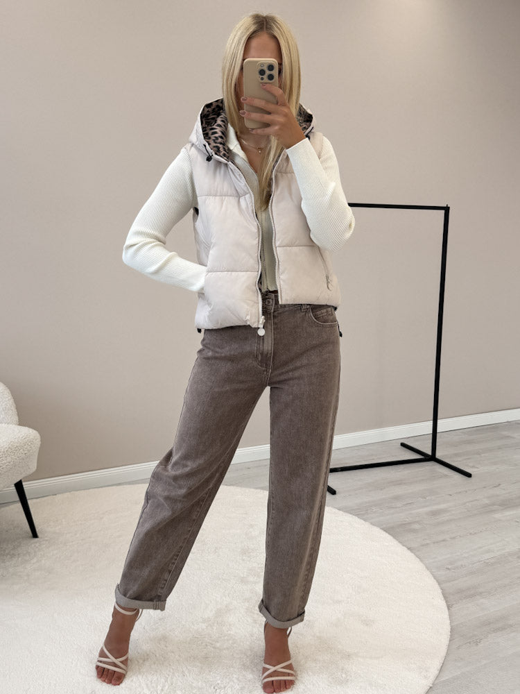 "Saline" kurze Leo-Wendeweste mit Kapuze - beige