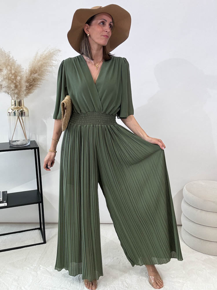 "Date Night" Plissee Jumpsuit - khaki