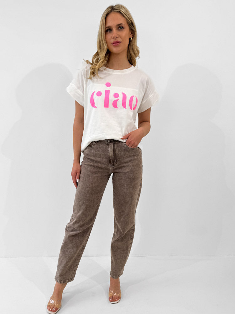 "Ciao 2.0" stylisches Shirt mit Statement - weiß/rosa