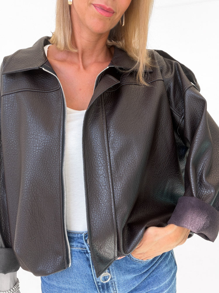 "Denver" tolle Bikerjacke in Lederoptik - chocobraun