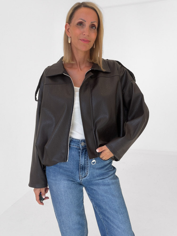 "Denver" tolle Bikerjacke in Lederoptik - chocobraun