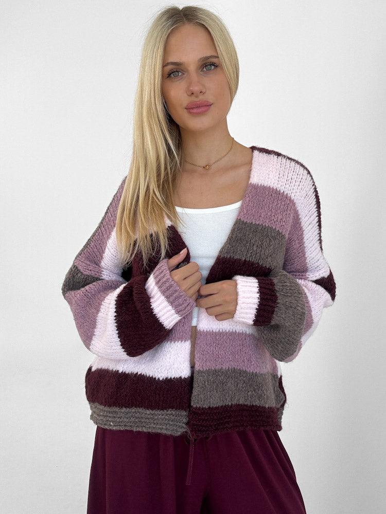 "London Stripes" Cardigan mit Lana Wolle & Viskose - bordeaux
