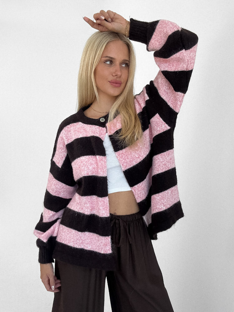 "Palermo Stripes" Cardigan aus Lanawolle - braun/rosa