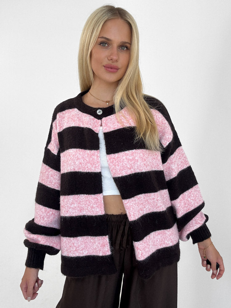 "Palermo Stripes" Cardigan aus Lanawolle - braun/rosa