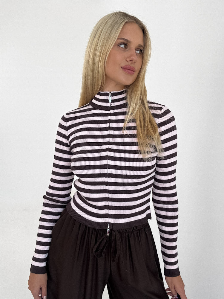 "Lamia Stripes" weiche Strickjacke aus Viscose - braun/rosa
