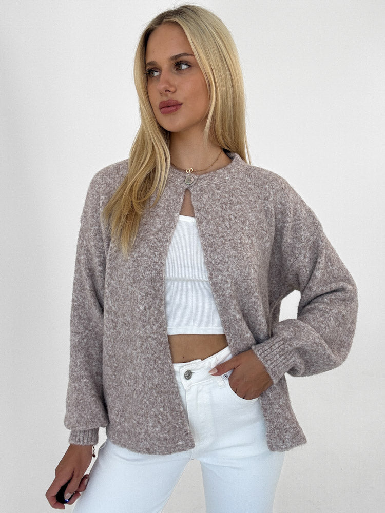 "Palermo" toller Cardigan aus Lanawolle mit Knopf - dunkelbeige