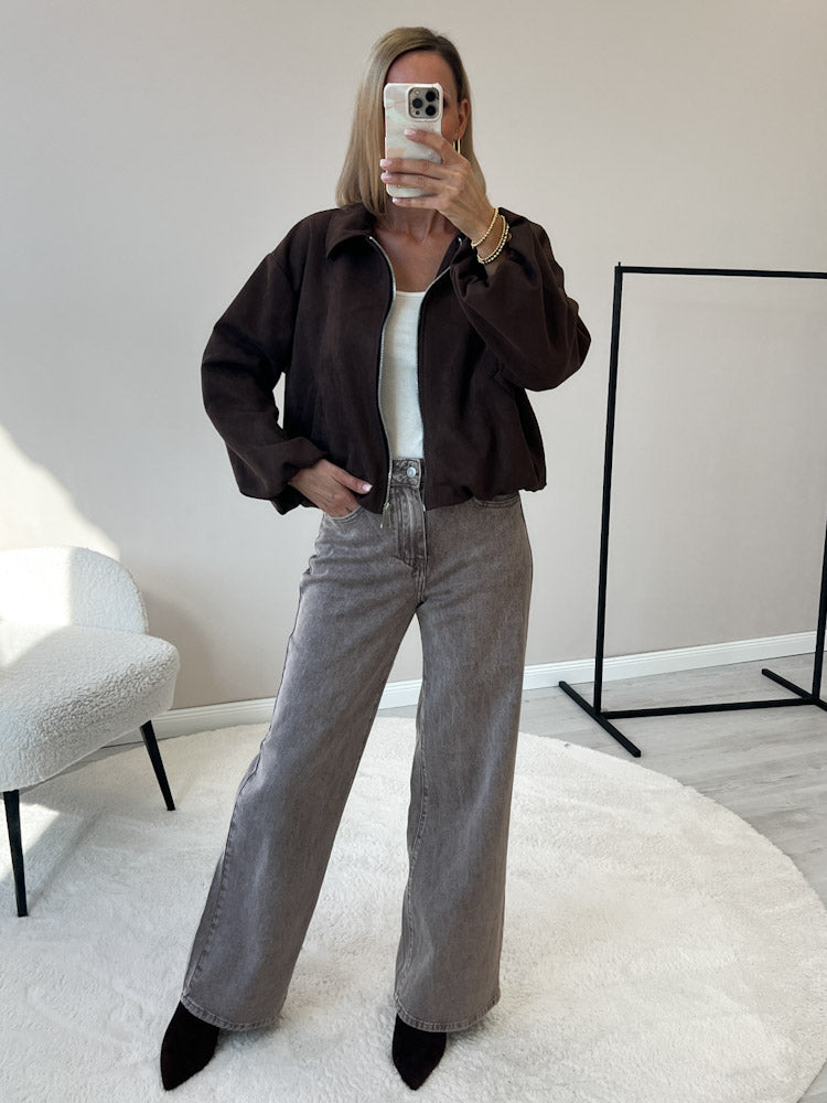 "Mona" weiche Jacke in Velourleder Optik  - chocobraun