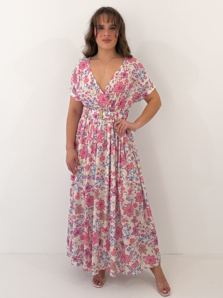 "Florie Dress" langes Maxikleid aus Viscose - creme/ rosa