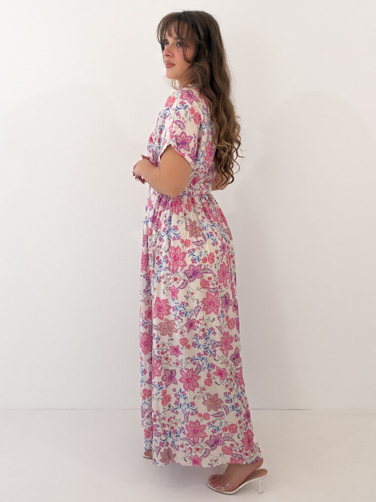 "Florie Dress" langes Maxikleid aus Viscose - creme/ rosa