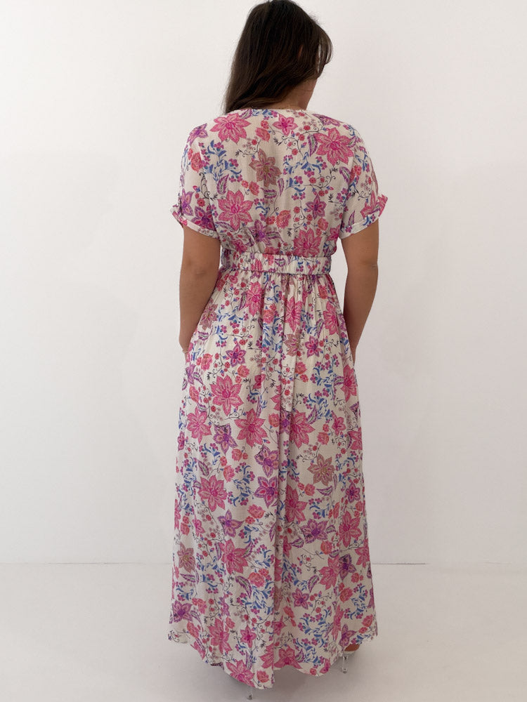 "Florie Dress" langes Maxikleid aus Viscose - creme/ rosa